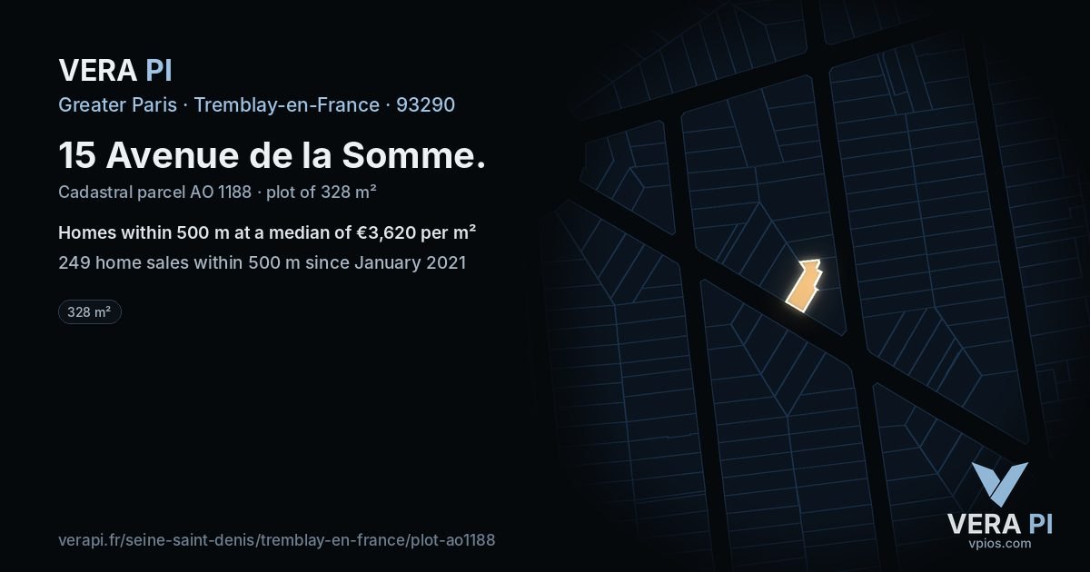 15 Avenue de la Somme, Tremblay-en-France at night – the plot lit, the parcels around coloured by the prices near them