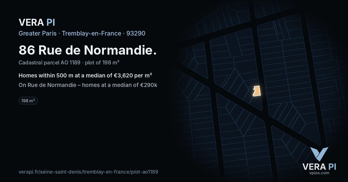 86 Rue de Normandie, Tremblay-en-France at night – the plot lit, the parcels around coloured by the prices near them