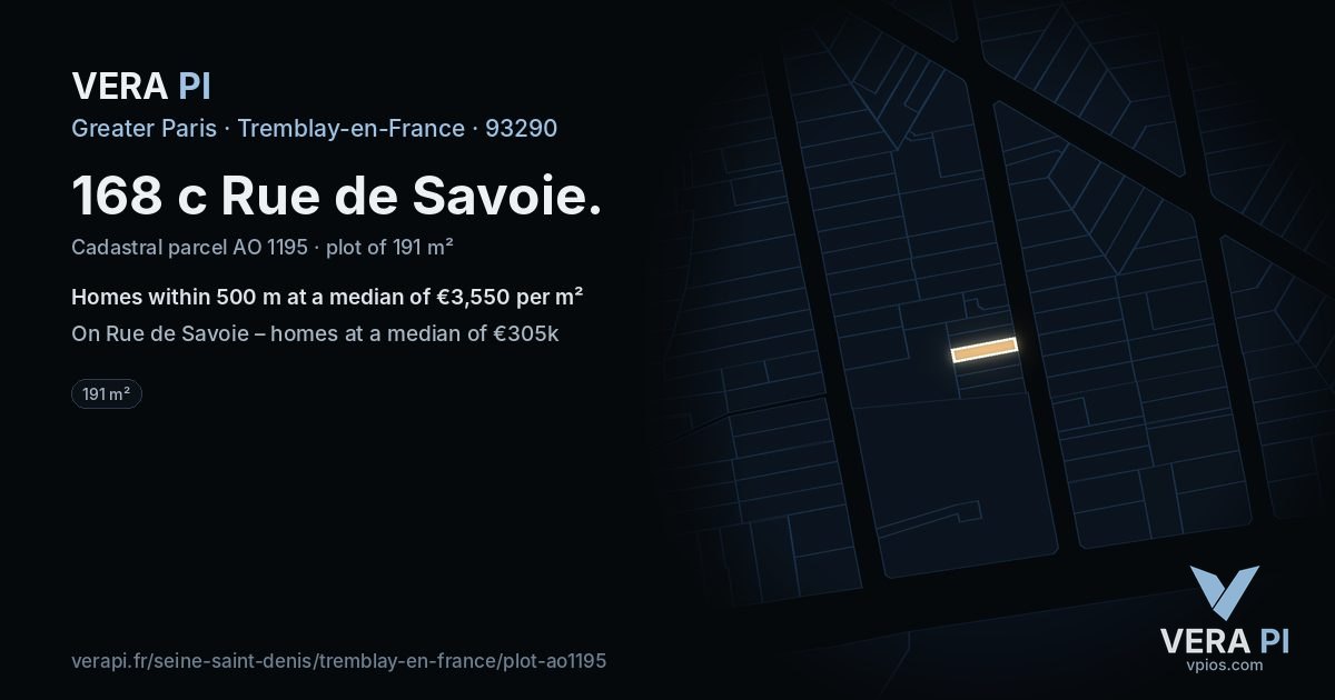 168 c Rue de Savoie, Tremblay-en-France at night – the plot lit, the parcels around coloured by the prices near them
