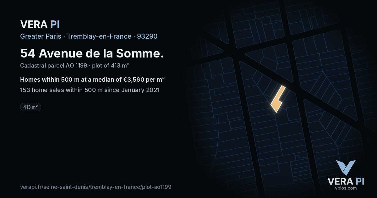 54 Avenue de la Somme, Tremblay-en-France at night – the plot lit, the parcels around coloured by the prices near them