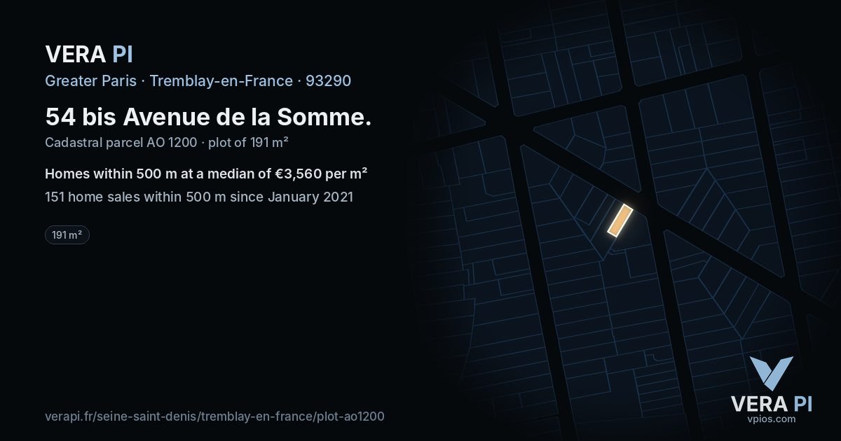 54 bis Avenue de la Somme, Tremblay-en-France at night – the plot lit, the parcels around coloured by the prices near them