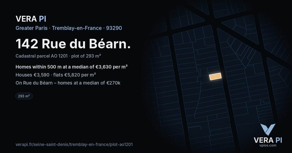 142 Rue du Béarn, Tremblay-en-France at night – the plot lit, the parcels around coloured by the prices near them