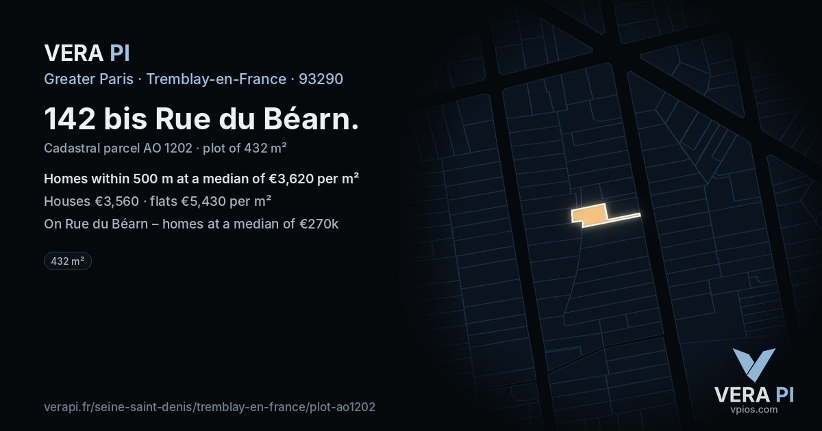 142 bis Rue du Béarn, Tremblay-en-France at night – the plot lit, the parcels around coloured by the prices near them