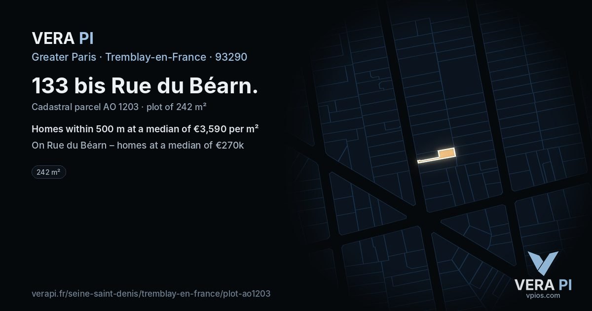 133 bis Rue du Béarn, Tremblay-en-France at night – the plot lit, the parcels around coloured by the prices near them