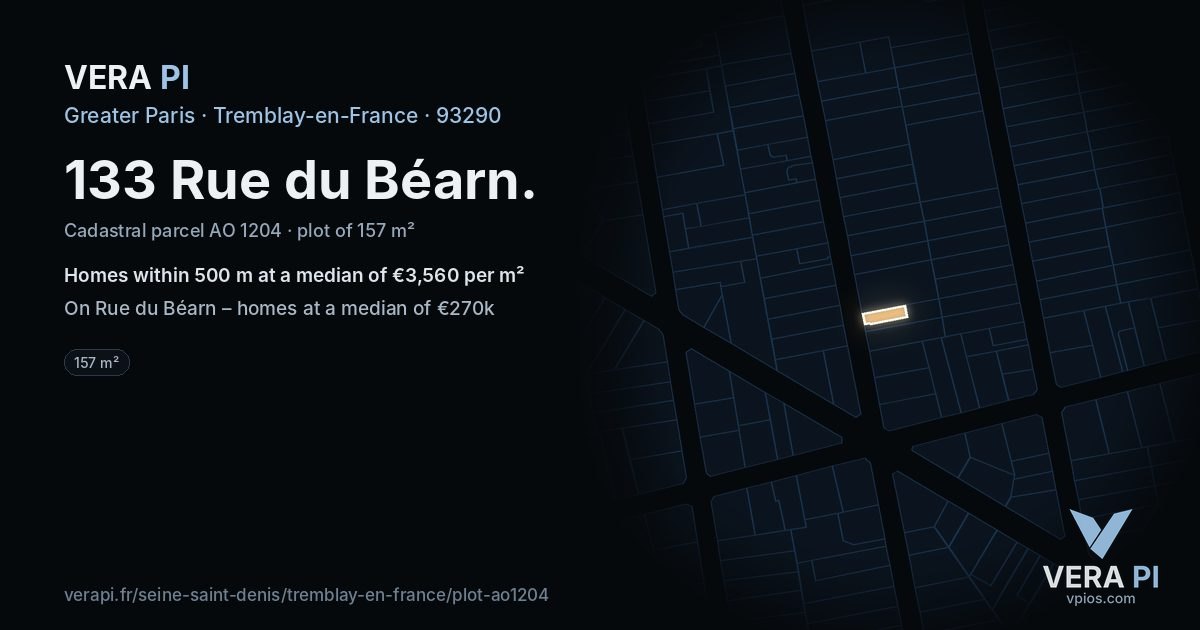 133 Rue du Béarn, Tremblay-en-France at night – the plot lit, the parcels around coloured by the prices near them