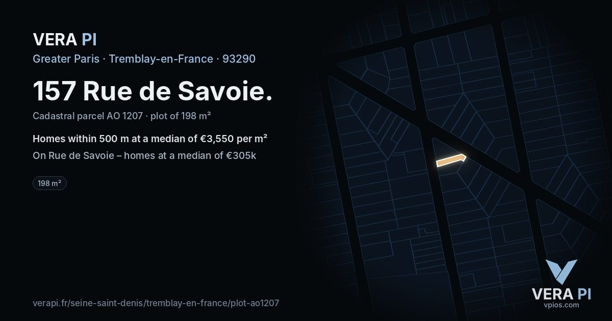 157 Rue de Savoie, Tremblay-en-France at night – the plot lit, the parcels around coloured by the prices near them