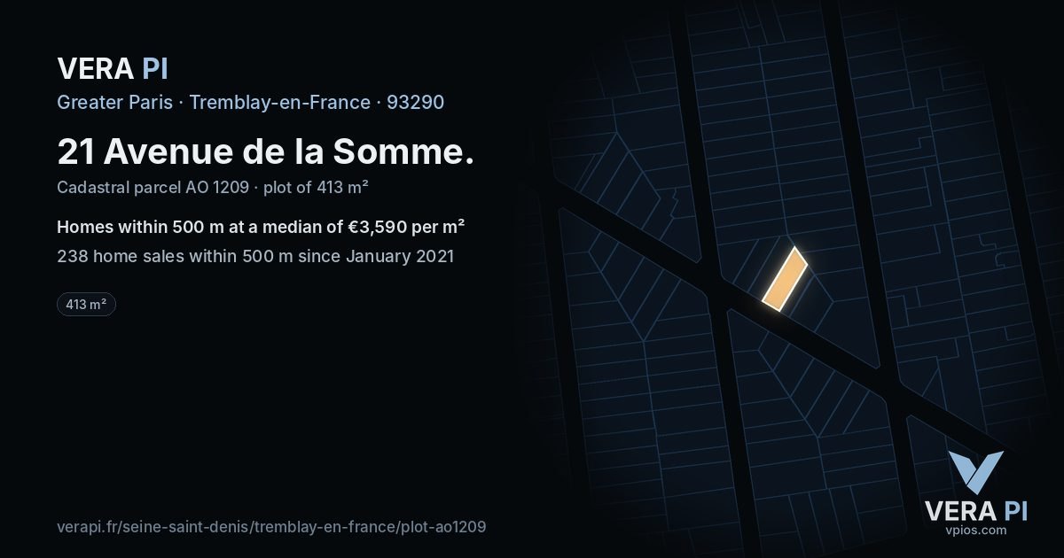 21 Avenue de la Somme, Tremblay-en-France at night – the plot lit, the parcels around coloured by the prices near them