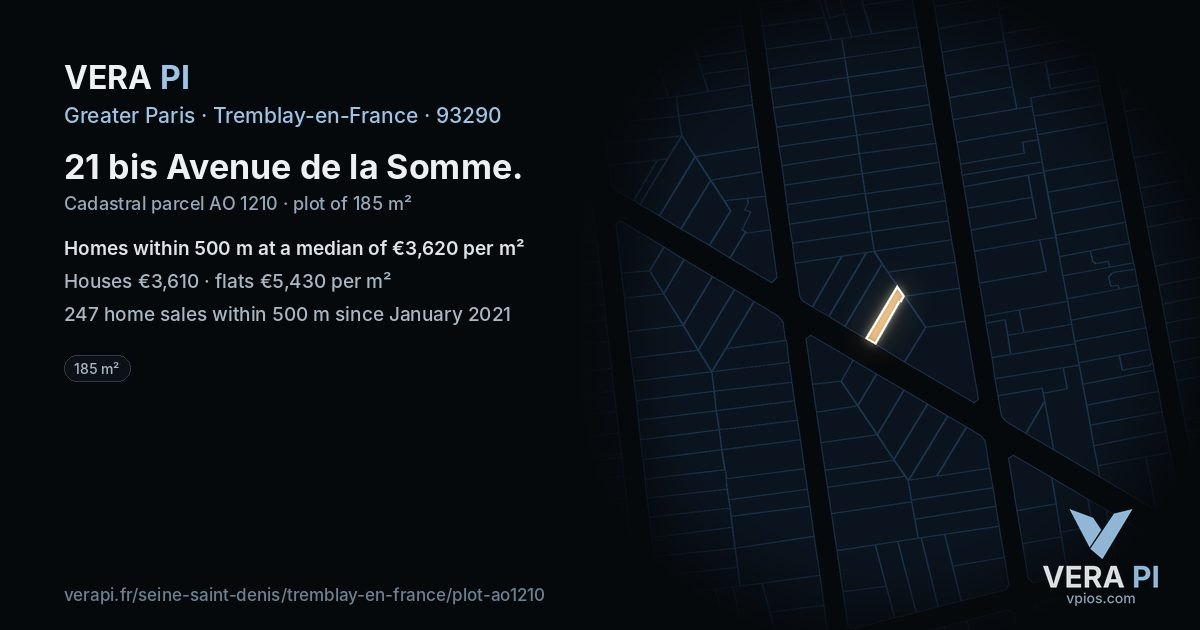 21 bis Avenue de la Somme, Tremblay-en-France at night – the plot lit, the parcels around coloured by the prices near them