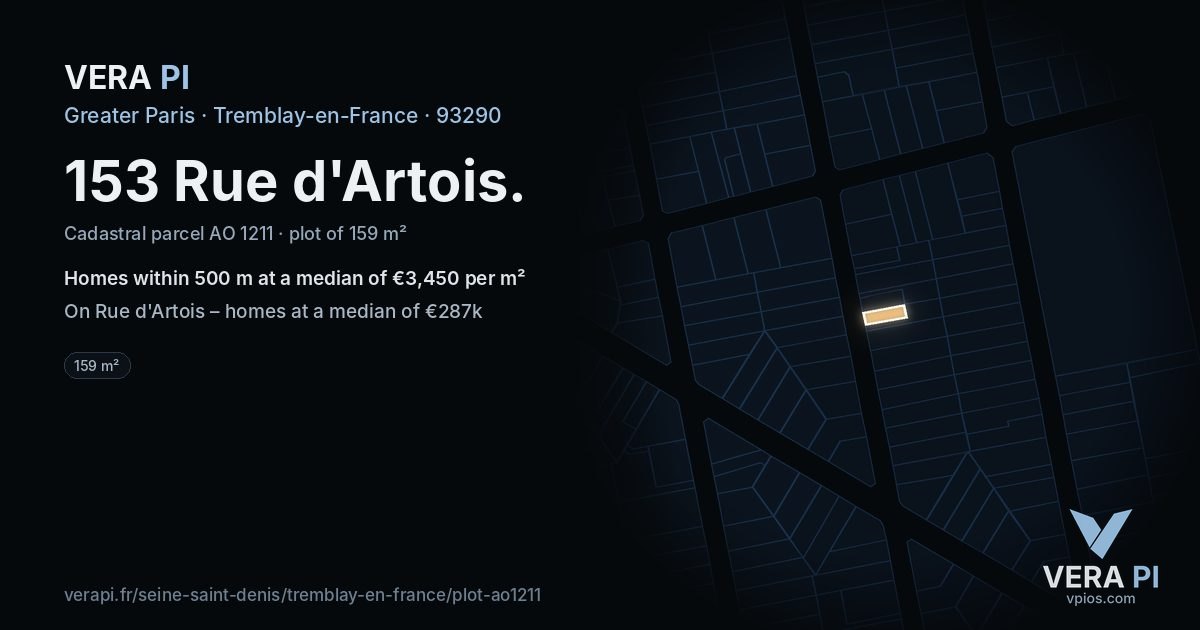 153 Rue d'Artois, Tremblay-en-France at night – the plot lit, the parcels around coloured by the prices near them