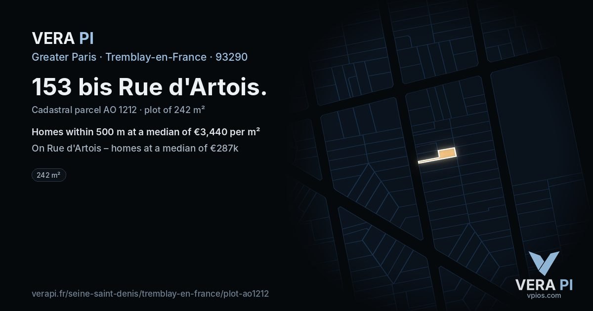153 bis Rue d'Artois, Tremblay-en-France at night – the plot lit, the parcels around coloured by the prices near them