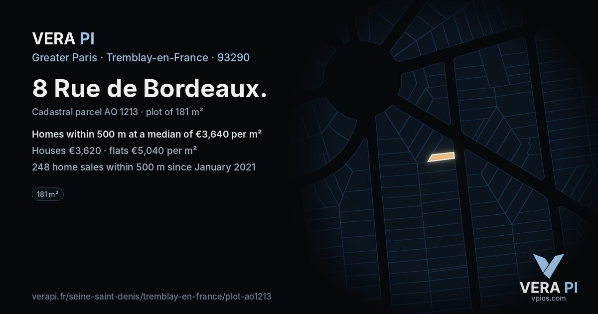 8 Rue de Bordeaux, Tremblay-en-France at night – the plot lit, the parcels around coloured by the prices near them