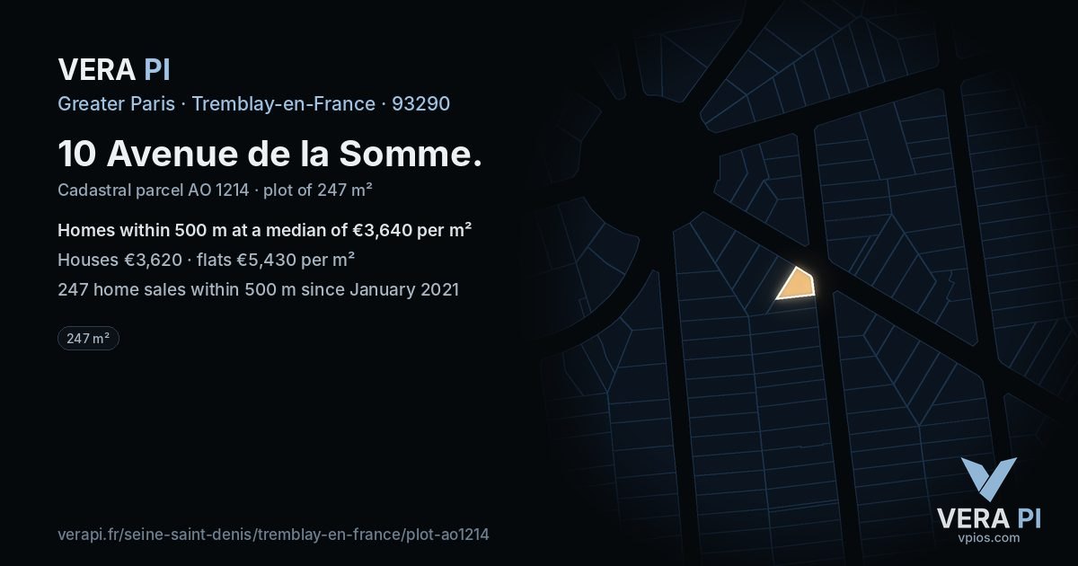 10 Avenue de la Somme, Tremblay-en-France at night – the plot lit, the parcels around coloured by the prices near them