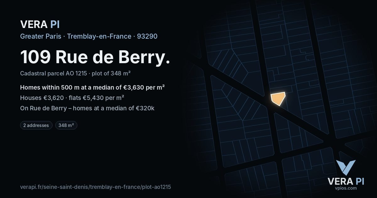 109 Rue de Berry, Tremblay-en-France at night – the plot lit, the parcels around coloured by the prices near them