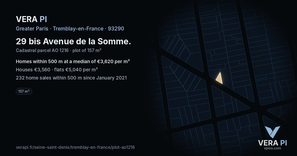 29 bis Avenue de la Somme, Tremblay-en-France at night – the plot lit, the parcels around coloured by the prices near them