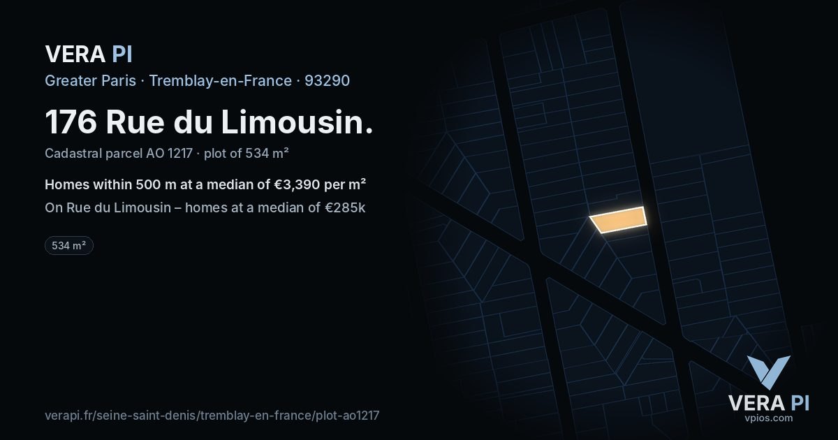 176 Rue du Limousin, Tremblay-en-France at night – the plot lit, the parcels around coloured by the prices near them