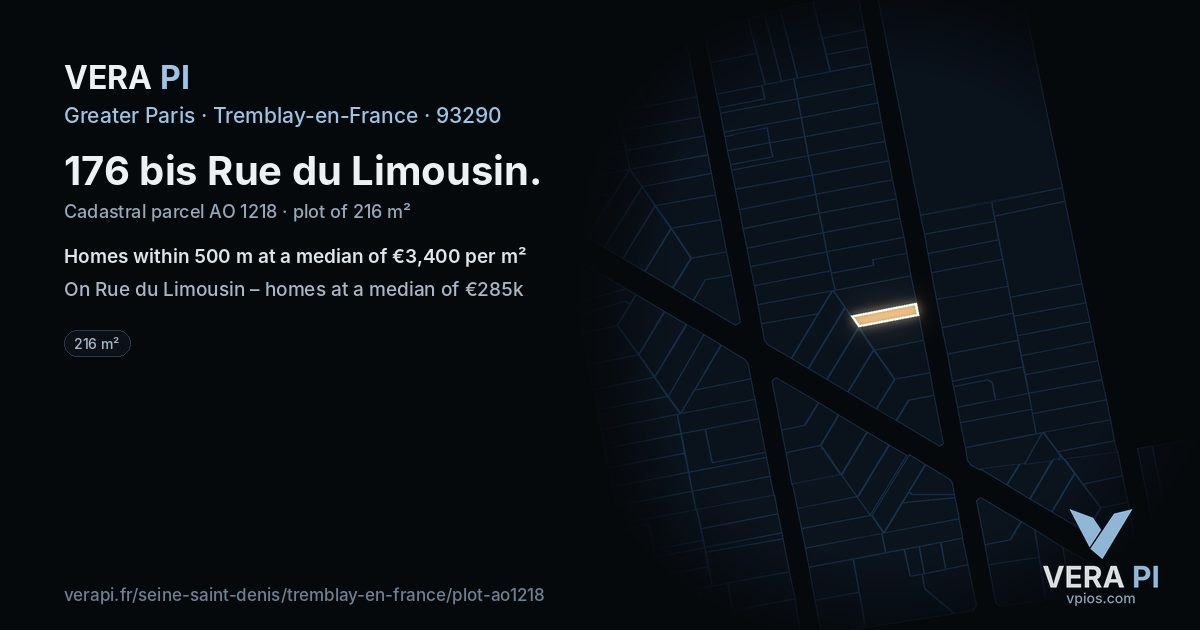 176 bis Rue du Limousin, Tremblay-en-France at night – the plot lit, the parcels around coloured by the prices near them