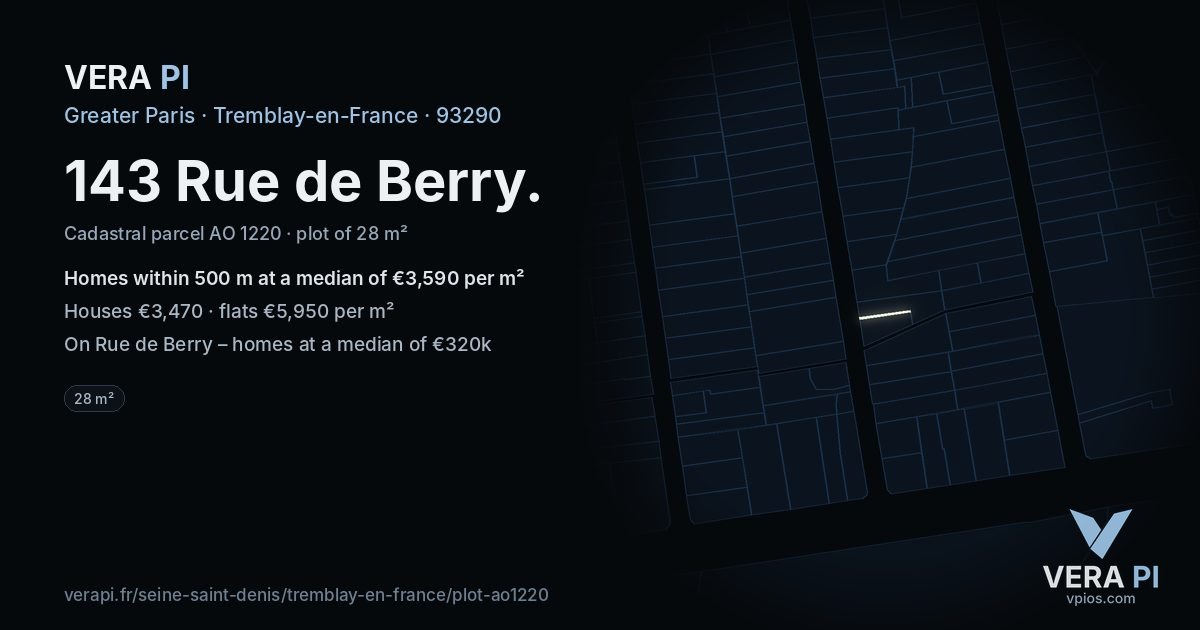 143 Rue de Berry, Tremblay-en-France at night – the plot lit, the parcels around coloured by the prices near them