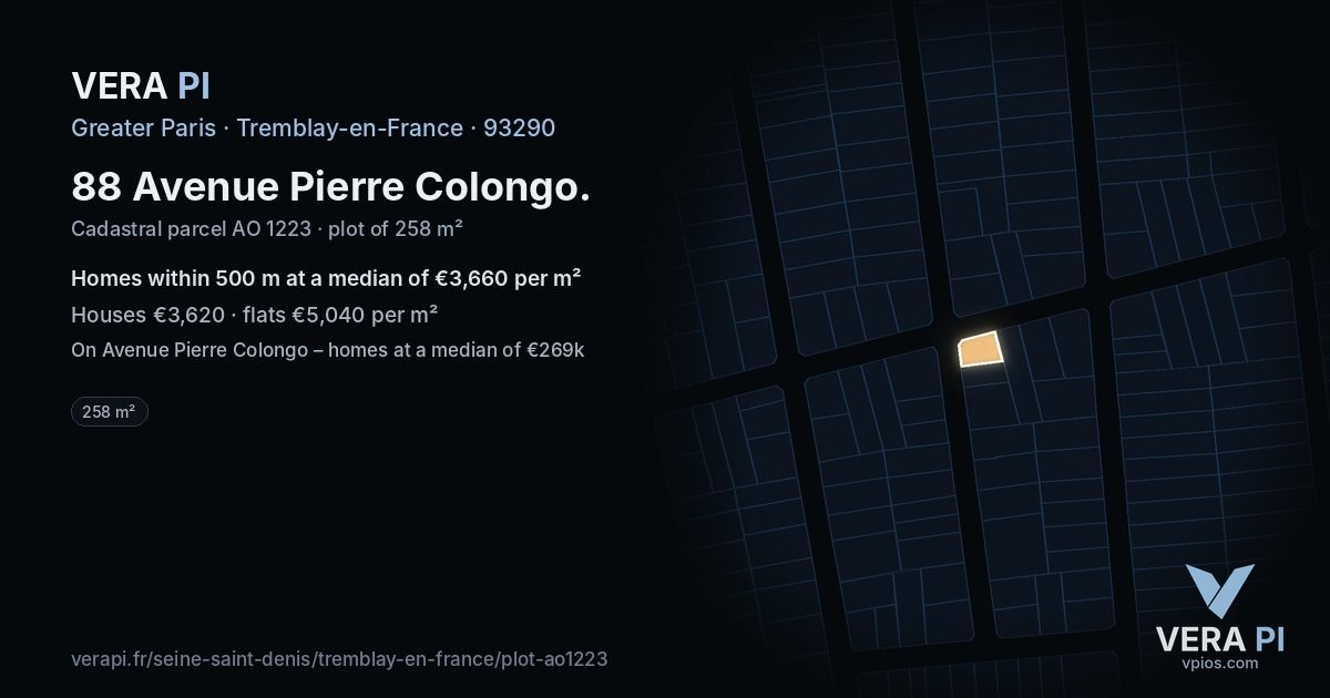 88 Avenue Pierre Colongo, Tremblay-en-France at night – the plot lit, the parcels around coloured by the prices near them