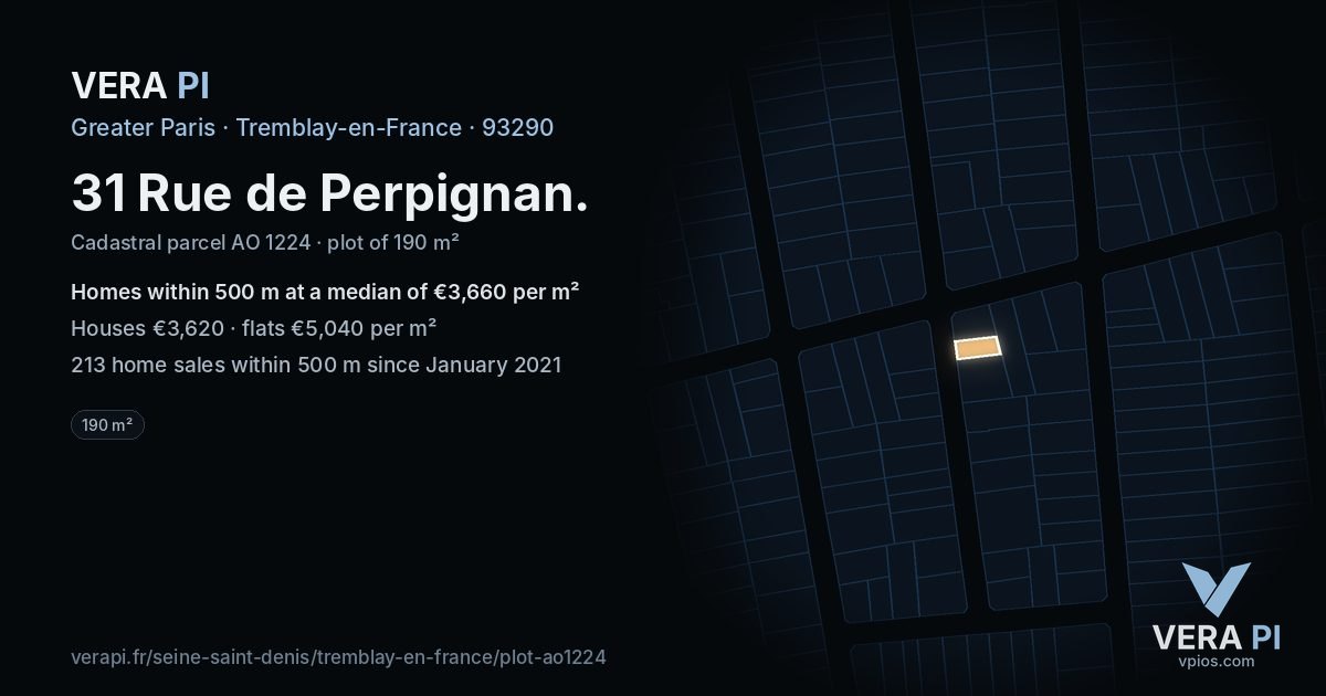31 Rue de Perpignan, Tremblay-en-France at night – the plot lit, the parcels around coloured by the prices near them