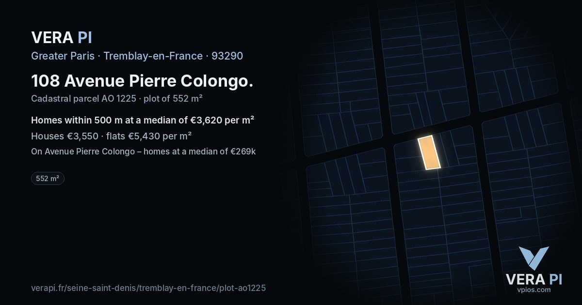 108 Avenue Pierre Colongo, Tremblay-en-France at night – the plot lit, the parcels around coloured by the prices near them