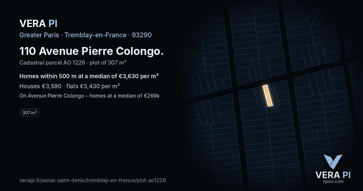 110 Avenue Pierre Colongo, Tremblay-en-France at night – the plot lit, the parcels around coloured by the prices near them
