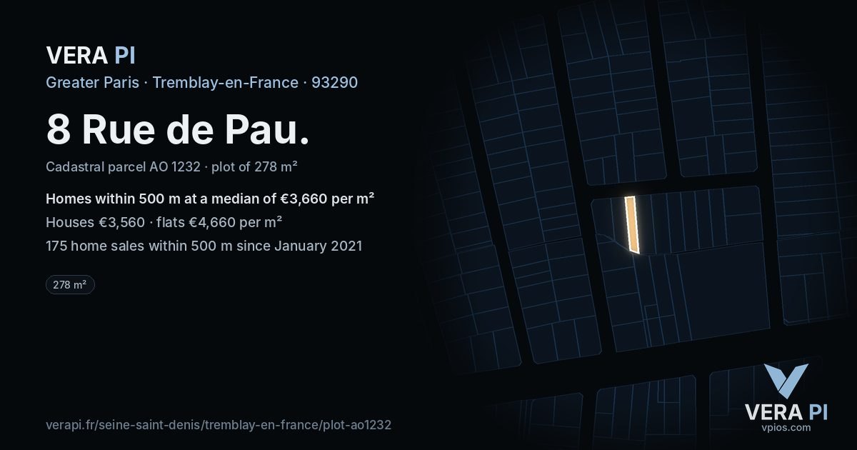 8 Rue de Pau, Tremblay-en-France at night – the plot lit, the parcels around coloured by the prices near them