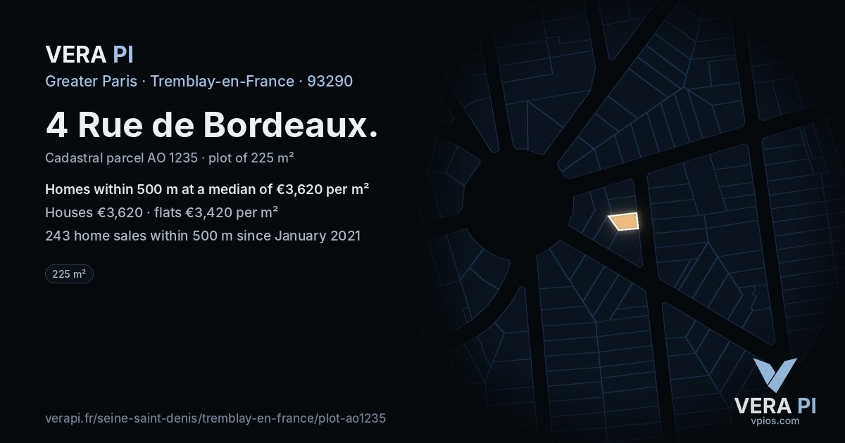 4 Rue de Bordeaux, Tremblay-en-France at night – the plot lit, the parcels around coloured by the prices near them