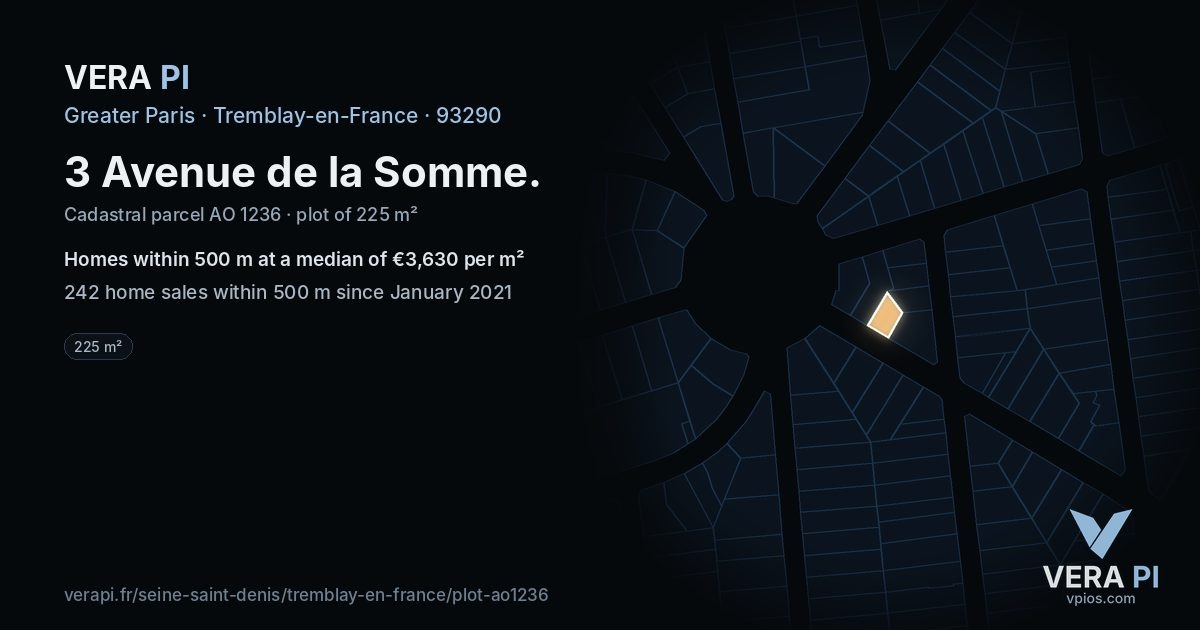 3 Avenue de la Somme, Tremblay-en-France at night – the plot lit, the parcels around coloured by the prices near them