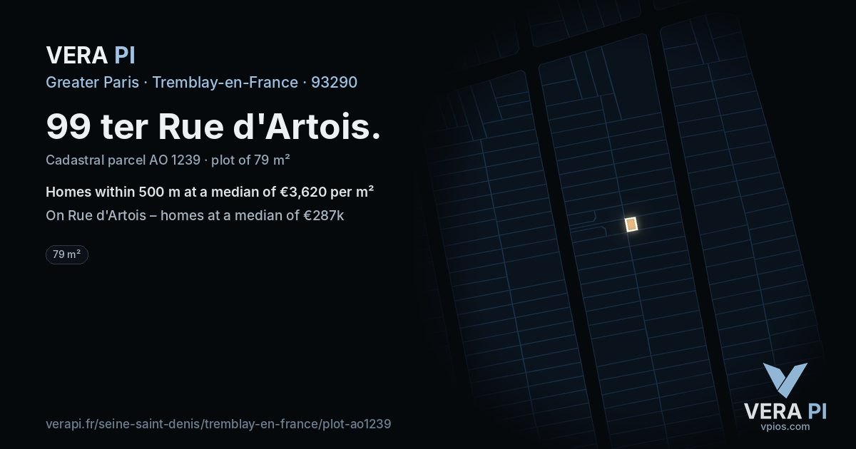 99 ter Rue d'Artois, Tremblay-en-France at night – the plot lit, the parcels around coloured by the prices near them