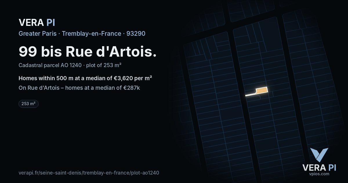 99 bis Rue d'Artois, Tremblay-en-France at night – the plot lit, the parcels around coloured by the prices near them