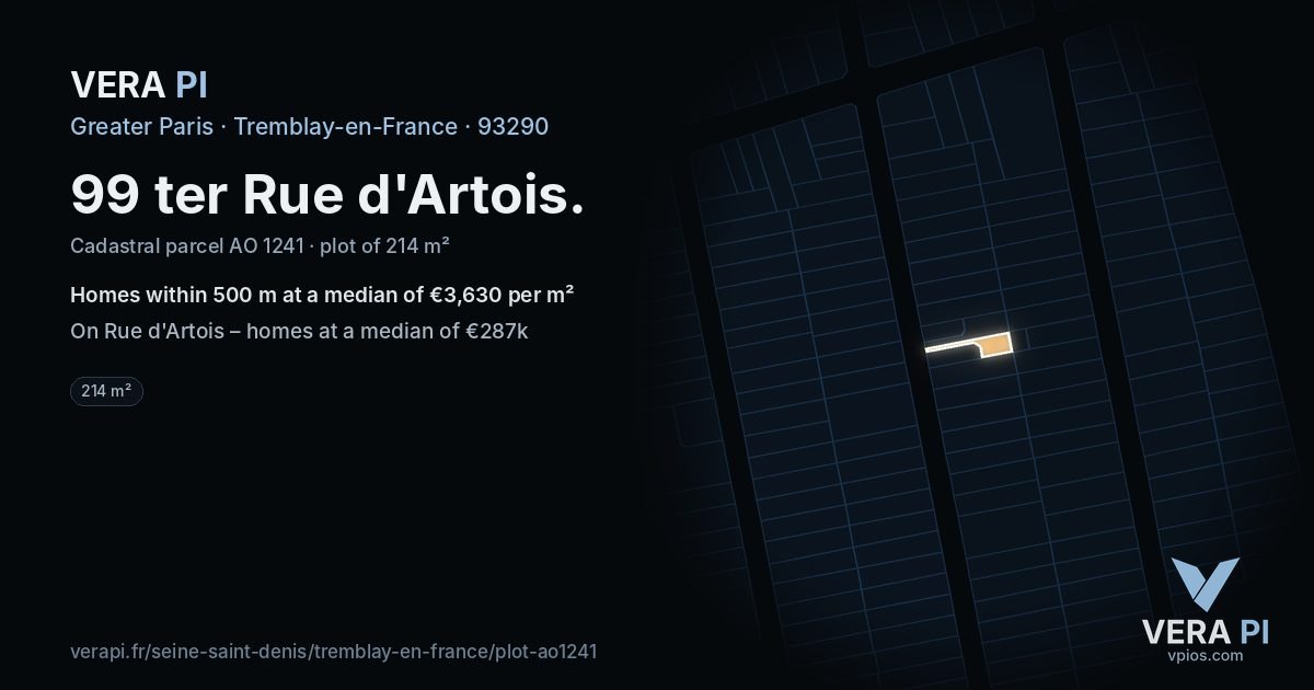 99 ter Rue d'Artois, Tremblay-en-France at night – the plot lit, the parcels around coloured by the prices near them