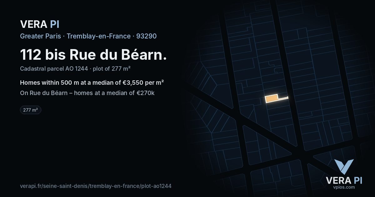 112 bis Rue du Béarn, Tremblay-en-France at night – the plot lit, the parcels around coloured by the prices near them