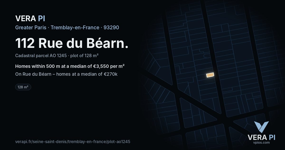 112 Rue du Béarn, Tremblay-en-France at night – the plot lit, the parcels around coloured by the prices near them
