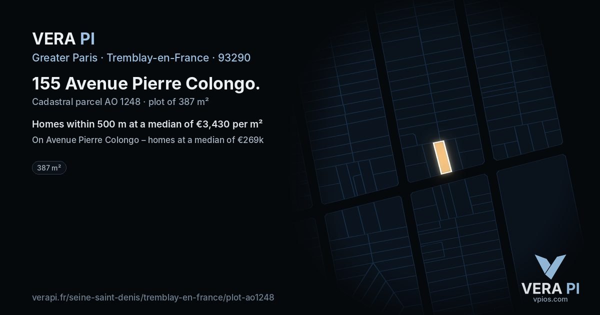 155 Avenue Pierre Colongo, Tremblay-en-France at night – the plot lit, the parcels around coloured by the prices near them
