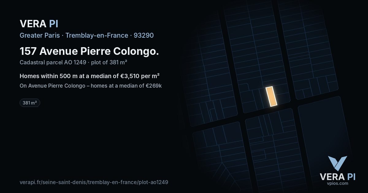 157 Avenue Pierre Colongo, Tremblay-en-France at night – the plot lit, the parcels around coloured by the prices near them