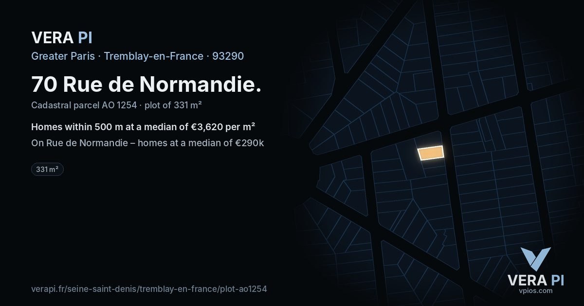 70 Rue de Normandie, Tremblay-en-France at night – the plot lit, the parcels around coloured by the prices near them