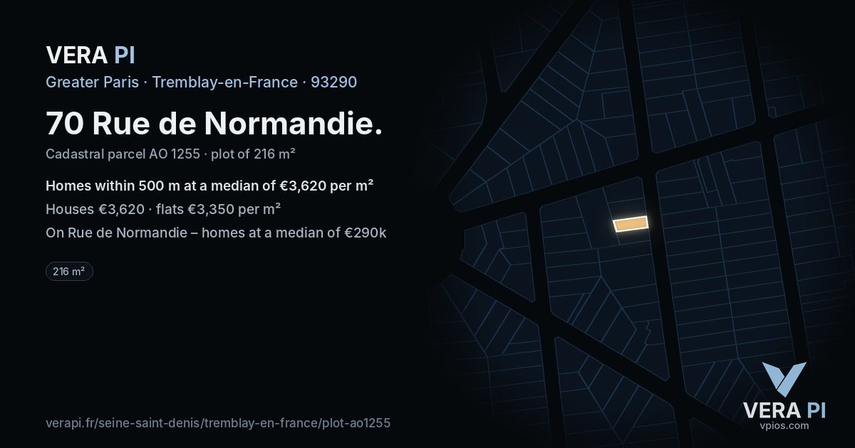 70 Rue de Normandie, Tremblay-en-France at night – the plot lit, the parcels around coloured by the prices near them