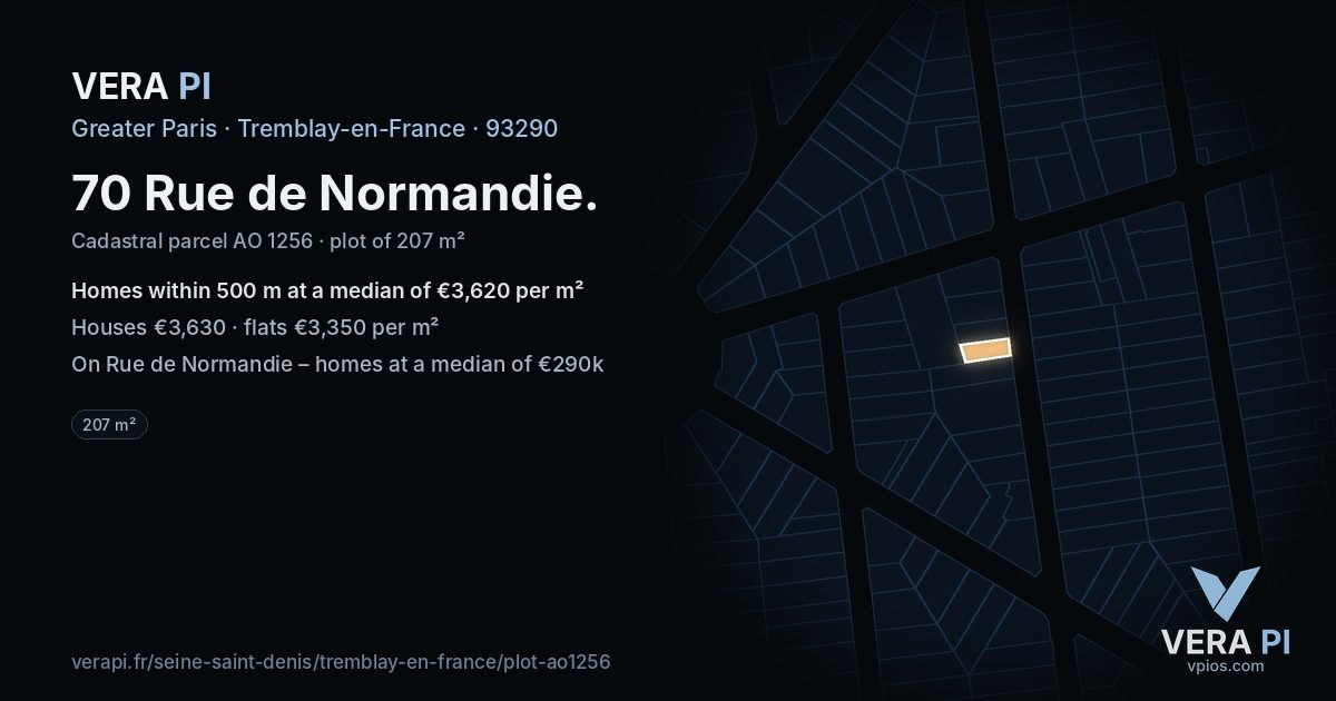 70 Rue de Normandie, Tremblay-en-France at night – the plot lit, the parcels around coloured by the prices near them
