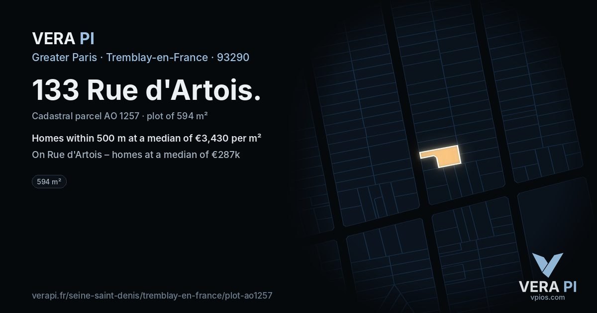 133 Rue d'Artois, Tremblay-en-France at night – the plot lit, the parcels around coloured by the prices near them