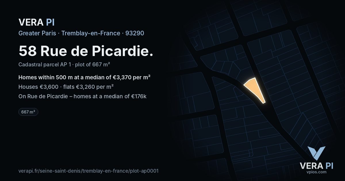 58 Rue de Picardie, Tremblay-en-France at night – the plot lit, the parcels around coloured by the prices near them