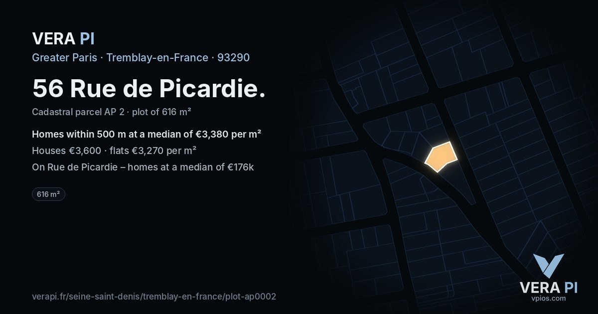 56 Rue de Picardie, Tremblay-en-France at night – the plot lit, the parcels around coloured by the prices near them