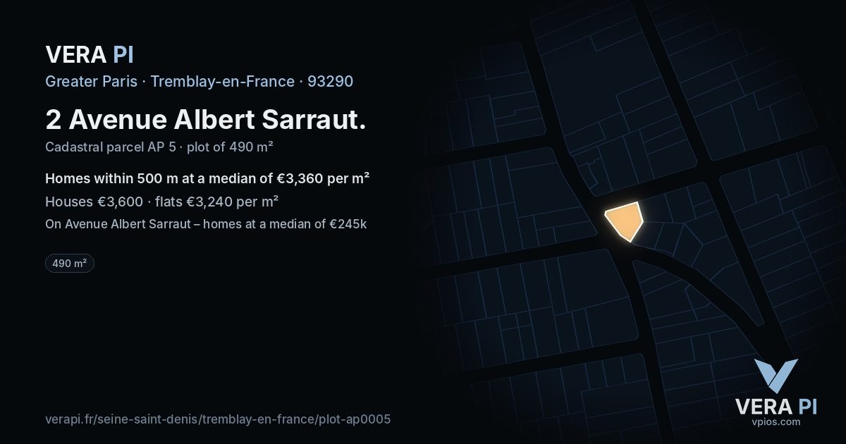 2 Avenue Albert Sarraut, Tremblay-en-France at night – the plot lit, the parcels around coloured by the prices near them
