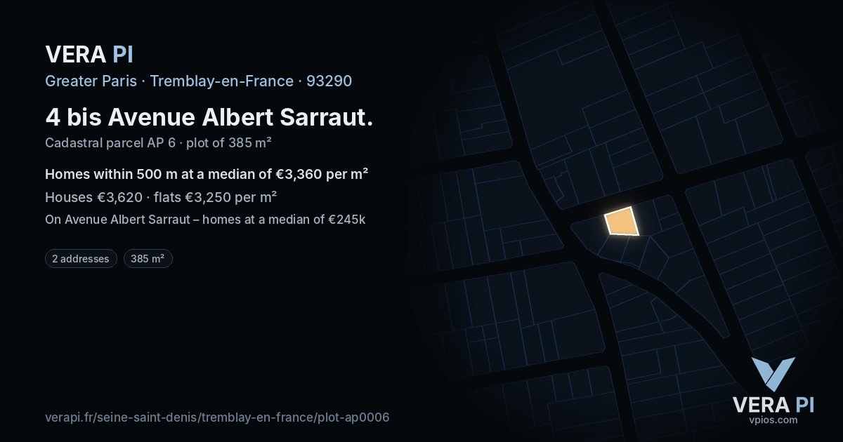 4 bis Avenue Albert Sarraut, Tremblay-en-France at night – the plot lit, the parcels around coloured by the prices near them