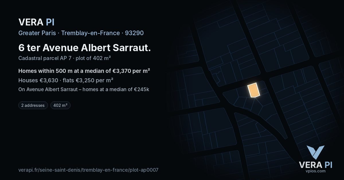 6 ter Avenue Albert Sarraut, Tremblay-en-France at night – the plot lit, the parcels around coloured by the prices near them