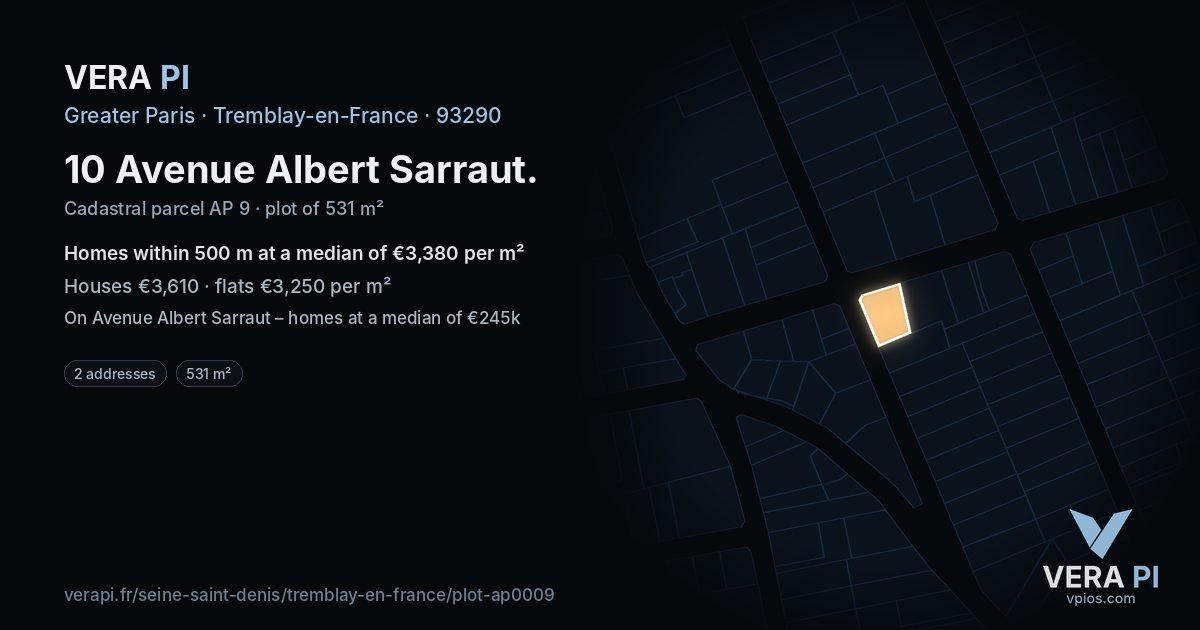 10 Avenue Albert Sarraut, Tremblay-en-France at night – the plot lit, the parcels around coloured by the prices near them