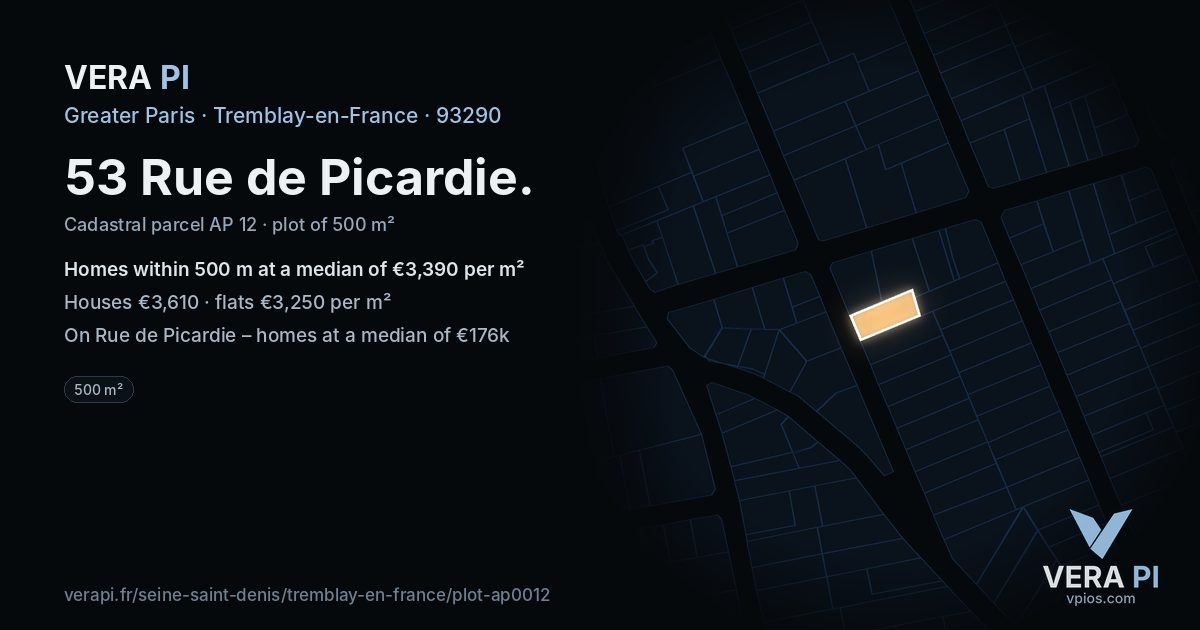53 Rue de Picardie, Tremblay-en-France at night – the plot lit, the parcels around coloured by the prices near them