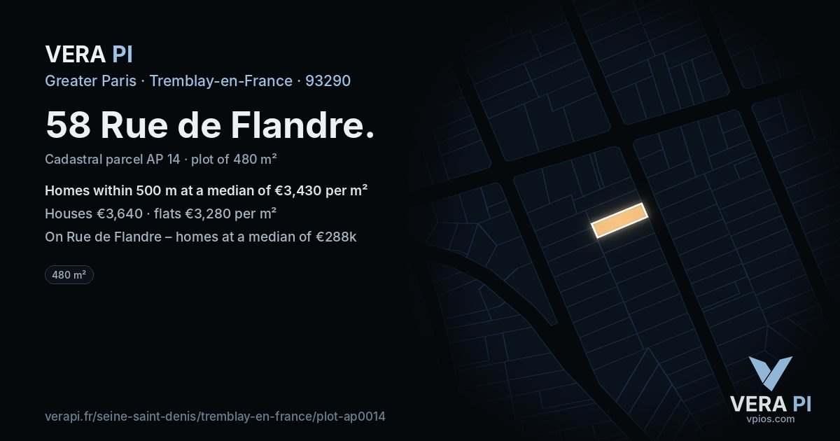 58 Rue de Flandre, Tremblay-en-France at night – the plot lit, the parcels around coloured by the prices near them