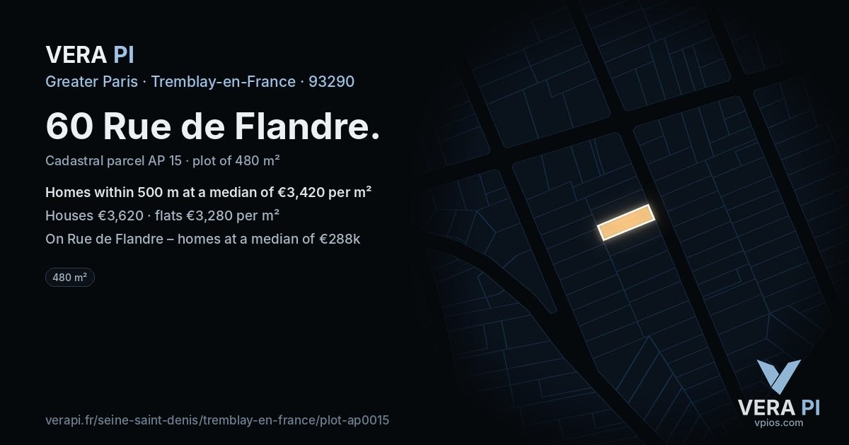 60 Rue de Flandre, Tremblay-en-France at night – the plot lit, the parcels around coloured by the prices near them
