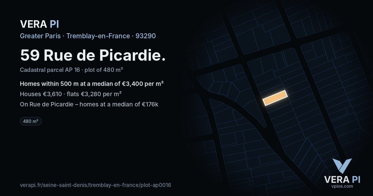 59 Rue de Picardie, Tremblay-en-France at night – the plot lit, the parcels around coloured by the prices near them