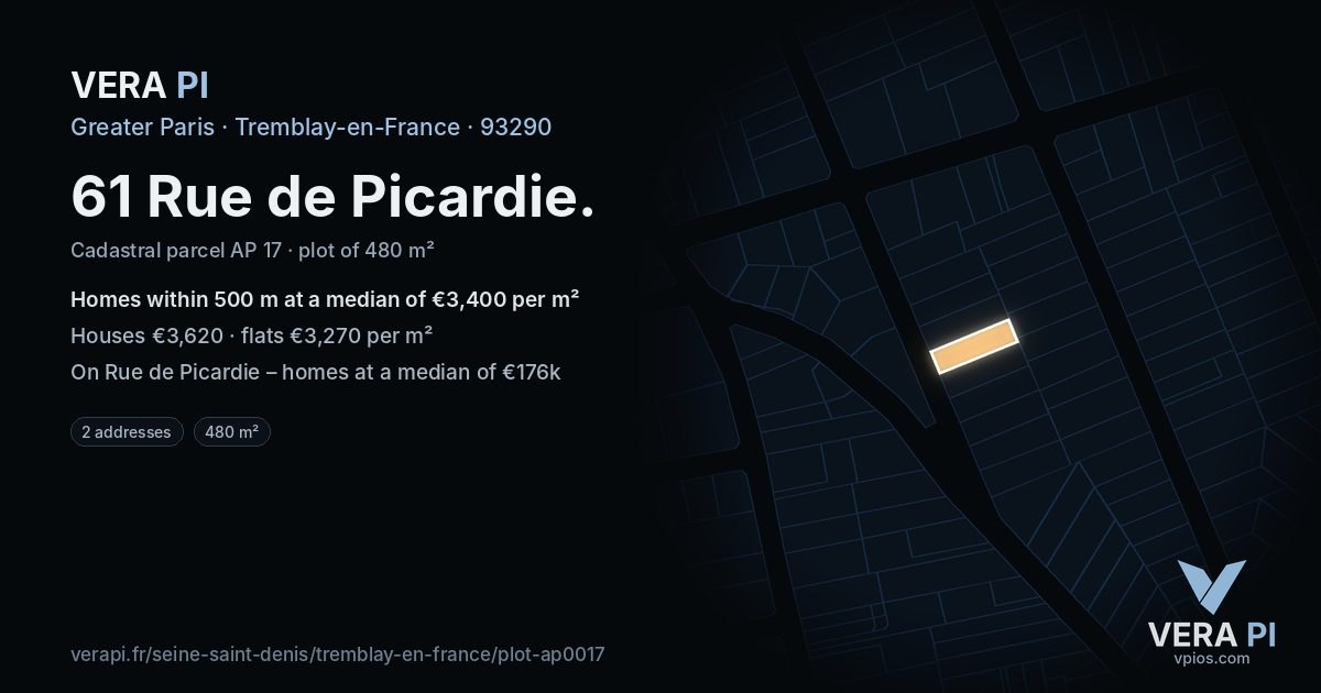 61 Rue de Picardie, Tremblay-en-France at night – the plot lit, the parcels around coloured by the prices near them